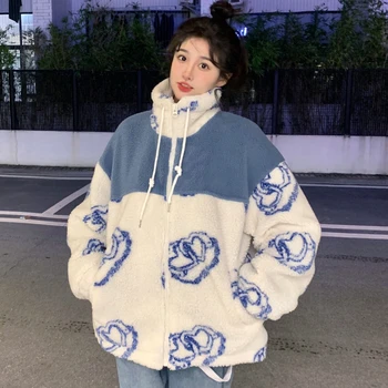 Zimní Teplé Vlněné Kabáty Žen Volné Ležérní Karikatura Lady Bunda Korean Módní Student Vynosit Street Wear Mujer Overwear Nové 2022