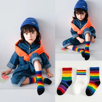 3 Páry Dětské Ponožky Podzim Zimní dětské Ponožky Chlapci A Dívky Rainbow Pruhované Trubice Příliv Ponožky dětské Dětské Bavlněné Sportovní Ponožky