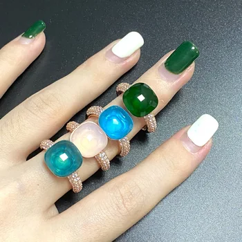 Pomellato 12.6 mm Prsten pro Ženy Ploché Crystal Ring Inlay Zirkon Sladké Cukroví Barvy Prsten Zlatý Pokovené Cukroví Čtverec Crystal Ring