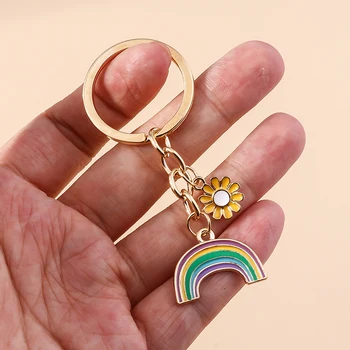 Roztomilý Rainbow Flower Keychain Šťastný Kroužek na Klíče Smalt Řetízky Pro Ženy, Dívky Kabelka Příslušenstv DIY Ručně vyráběné Šperky, Dárky