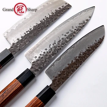 Ručně vyráběné Kuchyňské Nože Sada 3ks 3 Vrstvy Japonské AUS-10 Oceli Santoku Chef Nakiri Krájení EKOLOGICKY Šetrné Vaření Nástroj Grandsharp
