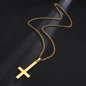 Zlata Barva Černá Obrácený Kříž Svatého Petra Přívěsek Náhrdelník pro Muže Lucifera, Satana, Satanismus Katolicismus Mužské Šperky