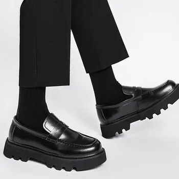 Muži Harajuku Korejského Muže, Kožené Boty Streetwear Móda Obchodní Ležérní Tlusté Platformě Originální Kožené Svatební Muži Mokasíny Boty