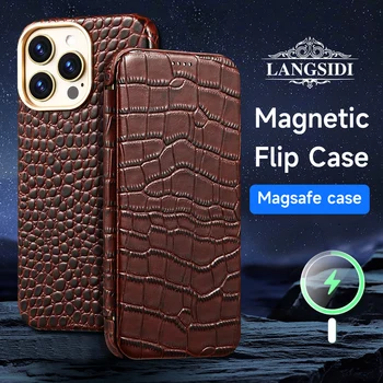 LANGSIDI Pravé kůže magnetický Flip pouzdro Pro Iphone 14 13 pro max 14pro 14 plus nárazuvzdorný ochranný Bezdrátové Nabíjení kryt