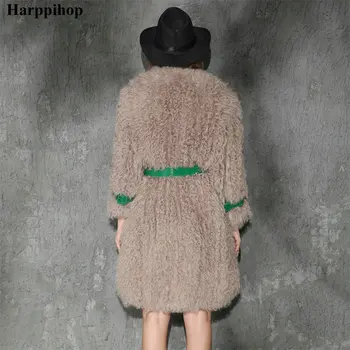 Nové módní pravé Mongolsko ovčí kožešina /fleece kožešiny pletené kožešiny kabát zelené barvy dlouhé styl s kapsami zdobí