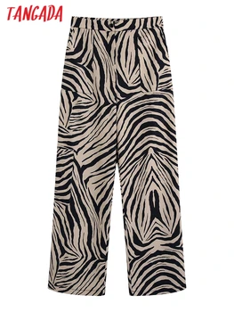 Tangada Žen Kapsy Zvíře, Zebra Tisk Široký Nohou Kalhoty Vintage Vysokým Pasem, na Zip Fly Volné Ženské Kalhoty BE176