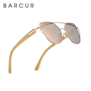 BARCUR Cat Eye sluneční Brýle Bamboo Polarizované Kovový Rám Dřevo Brýle Lady Luxusní Módní Sluneční Odstíny UV400
