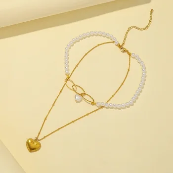MEYRROYU z Nerezové Oceli 2. Vrstva Zlaté Barvy Srdce Náhrdelník Pro Ženy Perlový Řetěz Náhrdelník 2021 Trend Fashion Party Přívěsek Šperky
