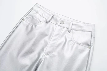 Módní stříbrné leatner kalhoty, ženy kalhoty, punk vysoké wasit kalhoty korejský módní plné Kalhoty ženské 2023