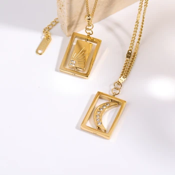 Zirkon Sun Moon Otočný Přívěsek Náhrdelník Luxusní Módní Jednoduché 18K Gold Pozlacený Řetěz Náměstí Přívěsek Šperky z Nerezové Oceli