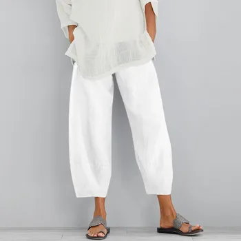 2022 Vintage Letní Plátěné Kalhoty Dámské Jednoduché Harajuku Neformální Elastickým Pasem Široký Nohou Ženy Plná Barva Volné Kalhoty