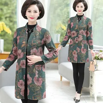 2020 Nový Střední Věk Jaro Podzim Ženy Trenčkot Elegantní Svrchní oblečení Mandarin Límec Květiny Print Single Breasted Kabát S155