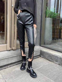 Nové Umělé Kůže Split nýty Kalhoty Ženy Streetwear Vintage Volné Černé Rovné Kalhoty Mujer Jaře roku 2022