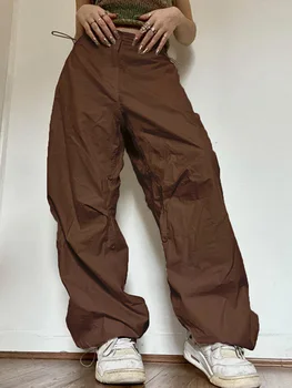 Plná Běžců Tech Kalhoty s Vysokým Pasem Streetwear Móda Hnědé Pytlovité Kalhoty Y2K Ležérní Vintage Oblečení