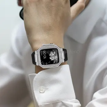 44 mm 45 mm Luxusní Diamond Pouzdro pro Apple Watch 8 Kapelu Série 7 6 5 4 SE Muži Pryže Popruh pro iWatch 8 Případ Mod Modifikace Kit