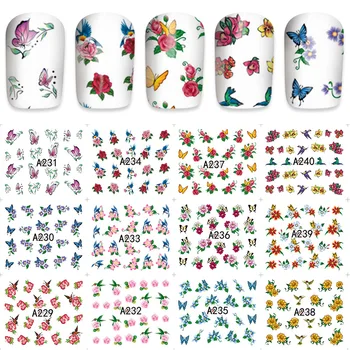 12 Listů Květina Motýl Vody Transfer Nail Art Dekorace Samolepka Obtisky Manikúra Nail Dodávky Pro Profesionály