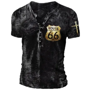 Ročník Route 66 Tričko 3d Pánské Tlačítko V-neck Krátký Rukáv Kříž Nadrozměrné Top Tričko Muže Imitace Bavlna Punk Streetwear