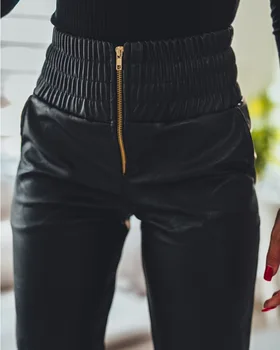 PU Kůže Zip Detail na Zip Vysokým Pasem Manžetou Kalhoty Ženy Módní Tužka Černá Délka Kotník Kalhoty Y2K