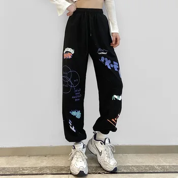 Street Indie Print Jogger Kalhoty Ženy Vysokým Pasem Volné Sportovní Kalhoty 2021 Jaro Podzim Nové Módní Y2k Vintage Pytlovité Šedé Kalhoty