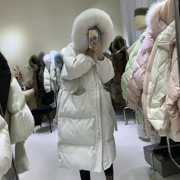 Dlouhé Bundy Real Fox Fur dámská Zimní Kabát Ženy Luxusní Tlusté 90% Kachna Dolů Bundy Puffer Peří Vynosit
