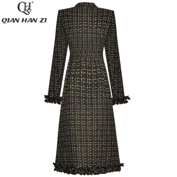 Qian Han Zi vysoce kvalitní designer podzim zimní dlouhý kabát Ženy Dlouhý Rukáv Jediné Breasted Třásně Módní Kabát Vynosit