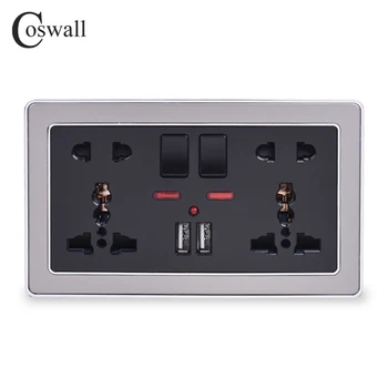 Coswall Double Univerzální 5 Díra Spínané Zásuvky S Neon 2.1 A Dual USB Nabíječka Port Rám z Nerezové Oceli Černé Zásuvky