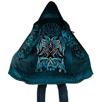 2021 Zimní Tlusté Teplé Pánské Viking Styl Plášť Odin A Raven Tetování 3D Tisk Fleece s Kapucí plášť Unisex Ležérní plášť kabát PF28
