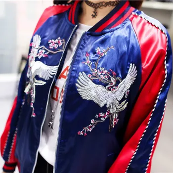 Jeřáb Vyšívání Bunda Bomber Ručně Vyráběné Květiny Baseball Kabát Pilot Uniformě Zip Kontrastní Barvy Yokosuka Bunda Svetr Topy