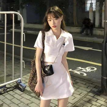 Nastaví Ženy na Tlačítko Turn-down Límec Plodin Topy Výšivky Tištěné T-košile Sexy Mini Sukně Streetwear Módy korejské Dva Kusy