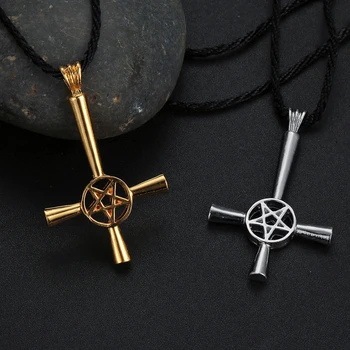 LUTAKU Módní Pentagram Kříž Náhrdelník Mens Satanský Symbol Runy Přívěsek Vzhůru nohama Lucifer Satan Náhrdelník Prohlášení Šperky