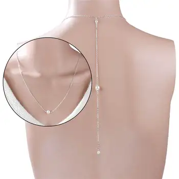 DoreenBeads Akryl Zpět Svatební Náhrdelník Sexy Letní Tělo Šperky Stříbrné Barvy, Kulatý Bílá Imitace Pearl 66cm dlouhé 1KS