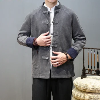 Čínský Styl Vintage Manšestrové Sako Pánské Oblečení Jaro Podzim Harajuku Tlačítko Kabát Plus Velikost Volné Topy Muž
