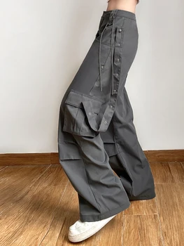 Weekeep Grunge Šedé Cargo Kalhoty Ženy Módní Low Rise Řetěz Ribbon Punk Kalhoty Ve Stylu Harajuku Streetwear Vintage Ležérní Kalhoty