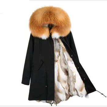 2022 parky dlouhá zimní bunda nové módní ženy luxusní mýval kožešiny límec s kapucí kabát s tlustou real rex králičí kožešiny vložkou