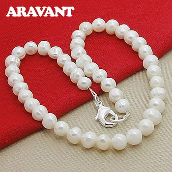 925 Stříbrné 8MM Bílé Perlové Náhrdelníky, Řetězy Pro Ženy Módní Šperky Dárky