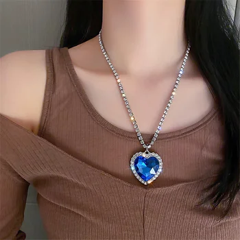FYUAN Velké Modré Srdce Crystal Náhrdelníky pro Ženy Dlouhé Řetězce Přívěsek Náhrdelníky Prohlášení Šperky