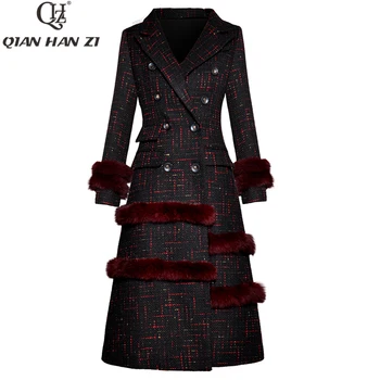 Qian Han Zi 2020 designer dlouhý zimní kabát Ženy Dlouhý Rukáv Slim Králičí kožešiny Módní Dvojí Breasted Sako Teplý Kabát